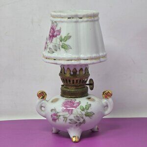 Vintage Trimont Ware Porcelain Miniature Oil Lamp With Floral Design GoldAccents